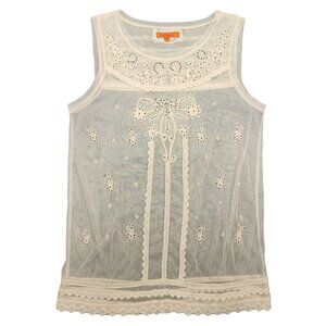 Women's Schona Cream Sheer Tank Top Black Beaded Detail Lace Floral Large Blouse